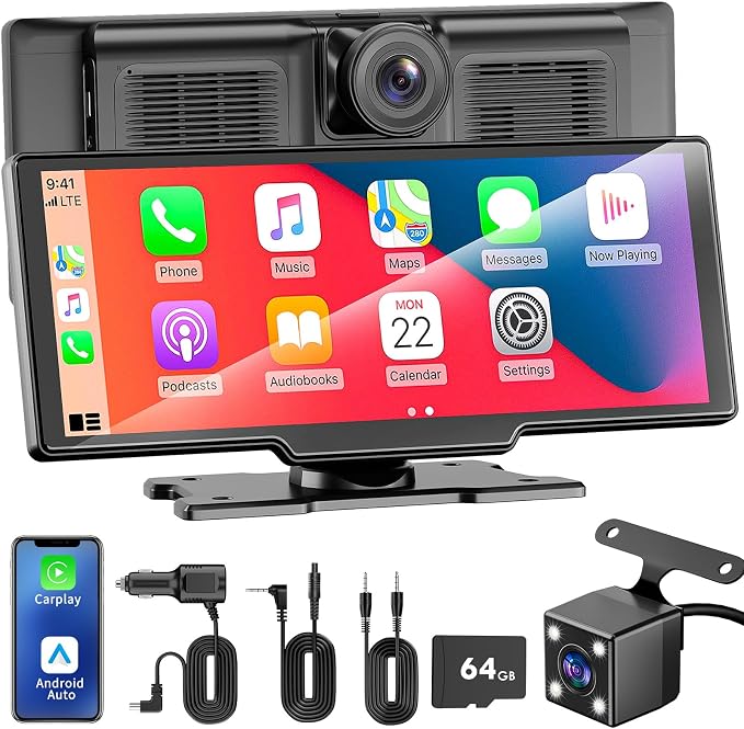 10.26" Apple Carplay Screen for Car, Wireless Portable Car Play & Android Auto HD Touch Screen, 4K Dash Cam, 1080P Backup Camera, Bluetooth 5.0, FM/Mirror Link/GPS Navigation, for All Vehicles