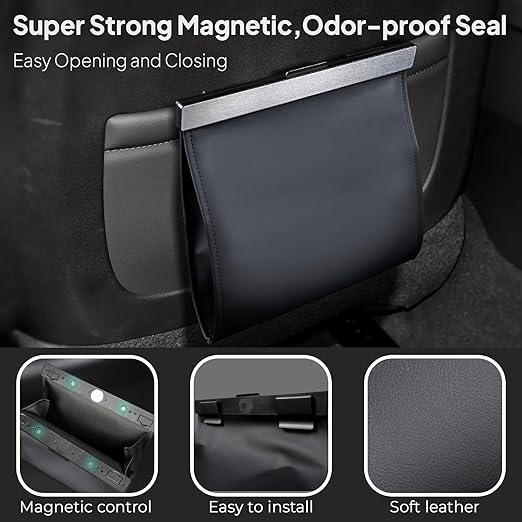 COZILO Leather Car Trash Can with Smart LED Light & Magnetic Closure,Leak-Proof, Odor-Lock Car Garbage Can for Any Cars, Sedans, SUVs, Trucks, Black