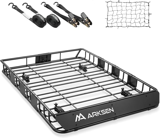 ARKSEN Adjustable Roof Rack Cargo Basket with Extension, 54"x39"x5" Heavy Duty Steel Rooftop Storage Carrier with Net & Tie Down Straps, 150 lbs Capacity, Universal Fit for SUV, Truck, RV, Pickup