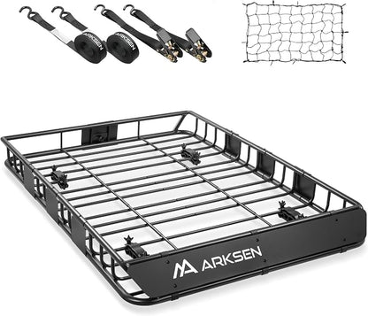 ARKSEN Adjustable Roof Rack Cargo Basket with Extension, 54"x39"x5" Heavy Duty Steel Rooftop Storage Carrier with Net & Tie Down Straps, 150 lbs Capacity, Universal Fit for SUV, Truck, RV, Pickup