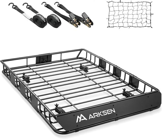 ARKSEN Adjustable Roof Rack Cargo Basket with Extension, 54"x39"x5" Heavy Duty Steel Rooftop Storage Carrier with Net & Tie Down Straps, 150 lbs Capacity, Universal Fit for SUV, Truck, RV, Pickup