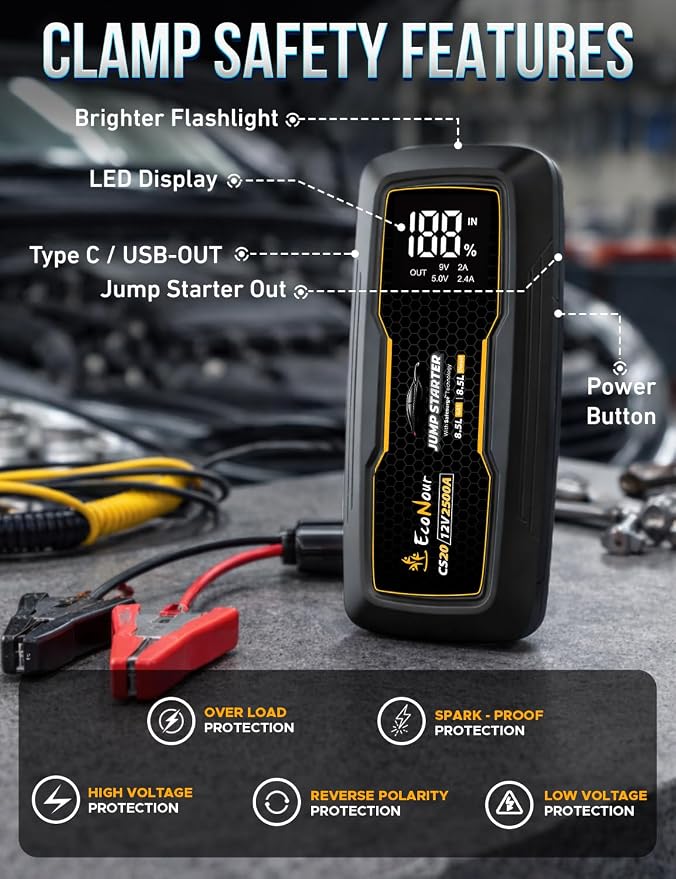 EcoNour 2500A Portable Jump Starter for Car | 12V Lithium Jump Box for 8.5L Gas and 8.5L Diesel Engines | Car Jump Starter - LCD Display, Emergency Flashlight and Jumper Cables