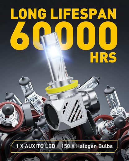 AUXITO H11 LED Bulb, 48000LM, 900% Ultra-Bright, 6500K White Light, Plug and Play, Long Lifespan, No Flicker, 99% Compatibility, 2PCS