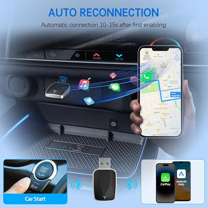 Mini Wireless Carplay Adapter, Convert Wired to Wireless Car Play & Android Auto 2-in-1 Adapter for Apple iPhone & Android Phone, Plug & Play, Auto Connect, No Delay, w/USB C for iOS 10+ Android11+