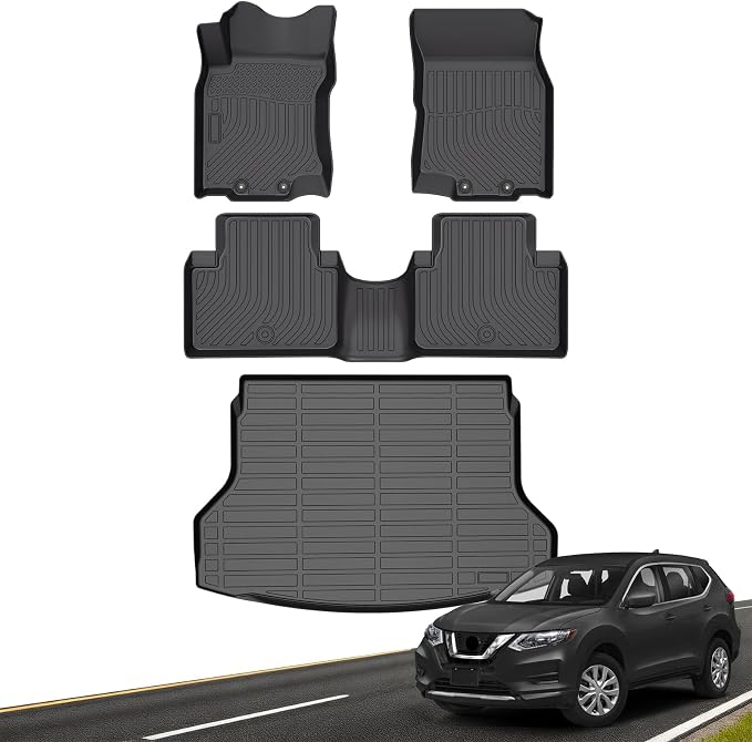 Floor Mats & Cargo Liner for 2014-2020 Nissan Rogue (Not for Sport/Hybrid/Select/7-Seater), All Weather TPE Floor Liners Custom Fit Rogue Heavy Duty Car Mats 1st & 2nd & Trunk Mat Accessories Black