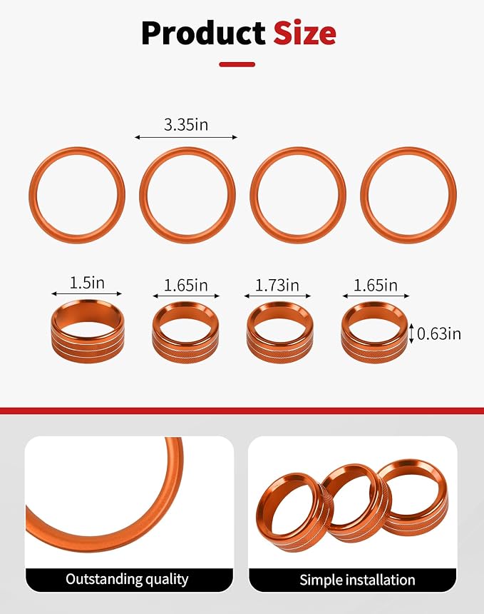 JWWY JL AC Air Vent Trim Rings & Dashboard Headlight Switch Decor Switch Knob Cover Kit Fit for 2018-2023 Jeep Wrangler JL JLU Interior Accessories, Aluminum Alloy 8PCS Orange