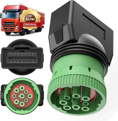 Autel Original Type 2 Green 9pin J1939 to 16pin OBD2 Female Adapter, Male to J1962 OBDII Connector, Work for Heavy Duty Trucks, Used for ELD Device & GPS Tracker & Truck Scanner