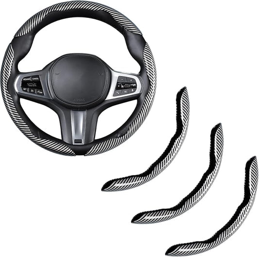 Carbon Fiber Steering Wheel Cover, Snap on Car Steering Wheel Cover Set Accessories 3pcs Wrap Grip Non Slip Protector Universal Glossy Silver
