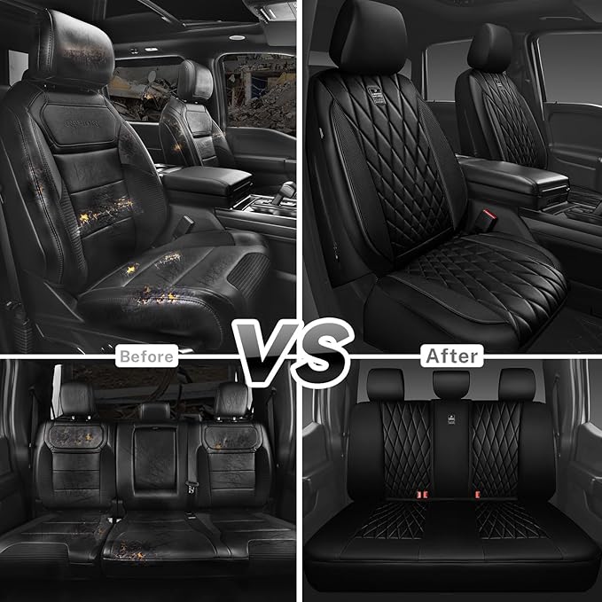 CAR PASS 5 Seats Piping Luxury Faux Leather Seat Covers Full Set, Anti-Slip Waterproof Seat Covers Compatible with Front Armrests, Universal Fit for Suvs,Vans,Trucks,Airbag Compatible, Pure Black