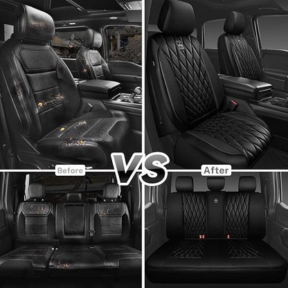 CAR PASS 5 Seats Piping Luxury Faux Leather Seat Covers Full Set, Anti-Slip Waterproof Seat Covers Compatible with Front Armrests, Universal Fit for Suvs,Vans,Trucks,Airbag Compatible, Pure Black