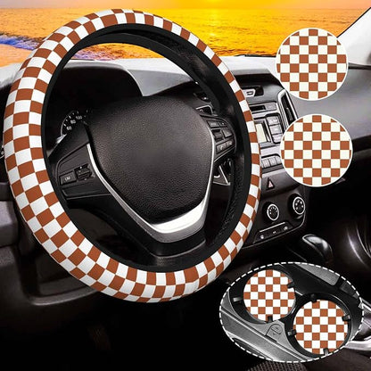 Brown Checkered Steering Wheel Cover for Women,Universal Auto Steering Wheel 14-15 Inch Car Interior Accessories with 2PCS Car Coasters,Suitable for Men and Women