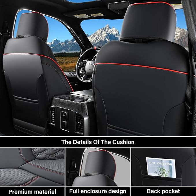 Coverado Seat Covers Dodge RAM 1500, Curved Front Waterproof Leatherette Seat Covers for Car Compatible with 2009-2018 Dodge Ram 1500, 2010-2024 Ram 2500 3500 Dodge RAM Trucks, Red line