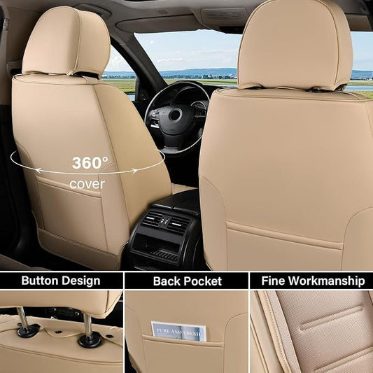 Coverado Car Seat Covers Full Set, Waterproof Car Seat Protector, Leather Seat Cushion, Universal Car Interior Covers Seat Protectors for Most Cars Beige