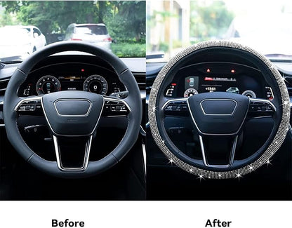 Bling Rhinestone Steering Wheel Cover with Crystal Diamond for Women, Sparkling Car Wheel Protector Universal Fit 14-15 inches - White