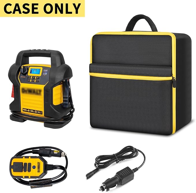 Car Jumper Starter Storage Bag Compatible with DEWALT DXAEJ14 Digital Portable Power Station Air Compressor, Carrying Case Holder Container (Black with Yellow Zipper Case Only)