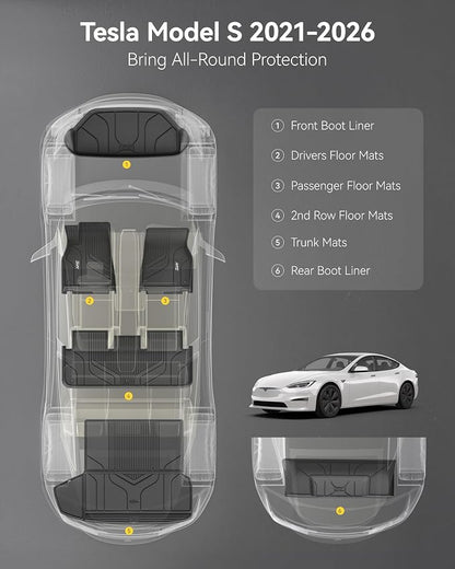 3W Floor Mats & Cargo Liner Fit for Tesla Model S 2021-2025 All Weather TPE Custom Fit Floor Liners for 1-3 Rows and Trunk Full Set Car Mats, Model S Accessories, Black