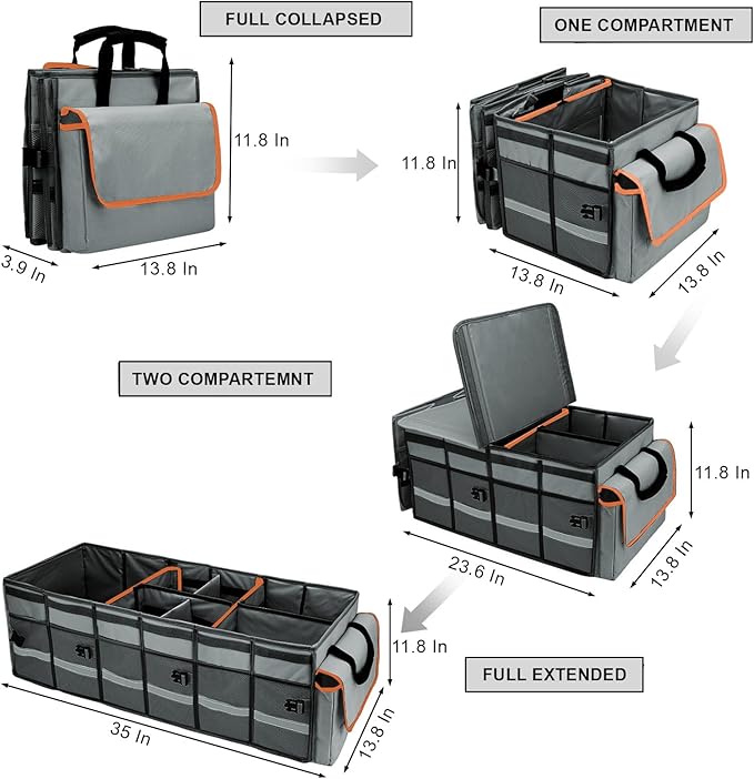 GDNasist Car Trunk Organizer and Storage with Removable Leakproof Cooler Bag, 6 Removable Dividers for Custom Space, Collapsible Trunk Storage with Non Slip Bottom, Foldable Cover for SUV, Jeep, MPVs