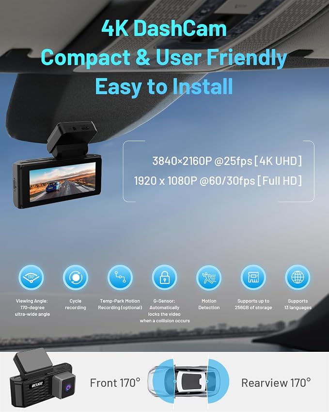 BCUOZ 4K Dual Dash Cam Front and Rear, GS200 170° Wide Angle Night Vision with 3.39” IPS Touchscreen, WiFi App Control, Night Vision, G-Sensor Loop Recording, 64GB Card Included Parking Monitoring
