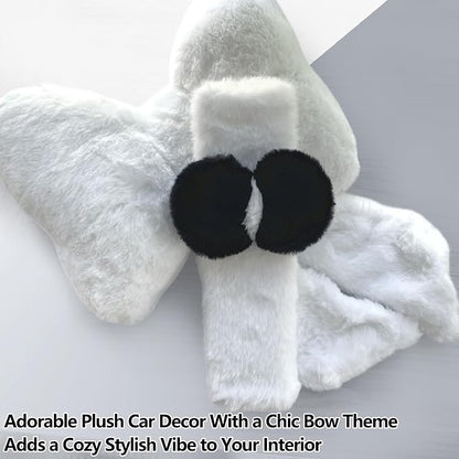 Car Neck Pillow 2PCS Plush Bowknot Car Headrest Pillow – Comfortable Neck Support for Driving Soft Touch Fabric Car Pillow Cute Interior Decor (White Set 4 Pcs)