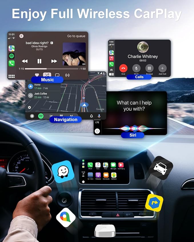 Wireless CarPlay Adapter for Apple iPhone, Convert Wired CarPlay to Wireless, Mini Size with USB-A to USB-C Adapter, Stable Control & No Delay Latency, White
