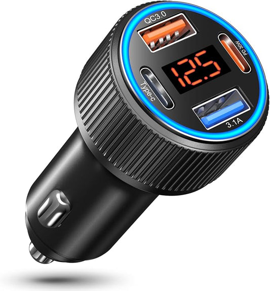 USB C Car Charger, Costyle 65W Dual USB-C & USB-A Multi Port Cigarette Lighter Adapter with Voltmeter QC/PD 3.0 Fast Charging 12V Car Phone Charger for iPhone 17 16 15 14 13 12 Pro Max Samsung(Black)