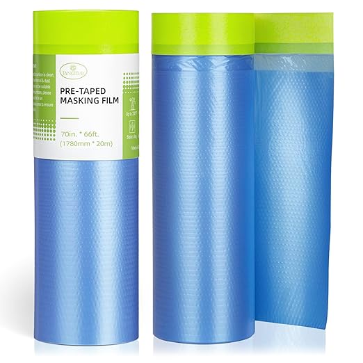 Tangibay Pre-Taped Masking Film for Painting - 70" x 66' Painters Plastic Sheeting for House & Automotive Paint, Tape and Drape for Covering Cars, Walls, Windows and Furniture Protection (2 Rolls)