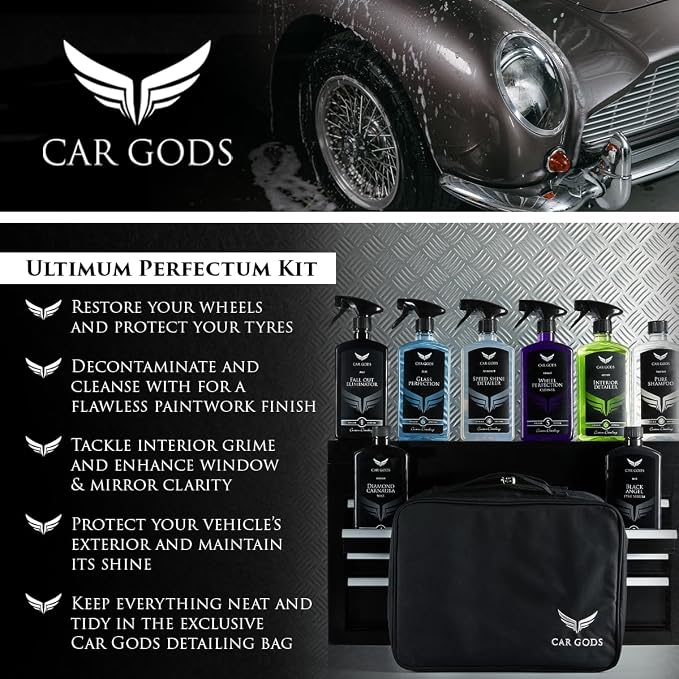 Car Gods 8 Piece Car Cleaning Detailing Kit - Shampoo - Carnauba Wax - Wheel Cleaner - Shine Detailer - Fallout Eliminator - Tyre Serum - Interior Detailer - Glass Cleaner