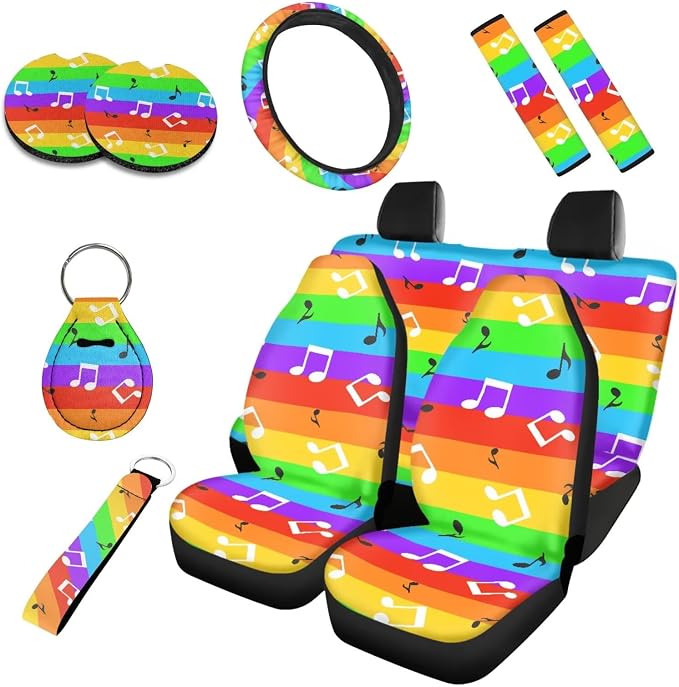 10 Pcs Rainbow Flag Music Note Car Seat Covers, Colorful Stripe Cars Accessories Steering Wheel Cover & Seat Belt Pads, LGBT Gay Pride Keyring Coaster