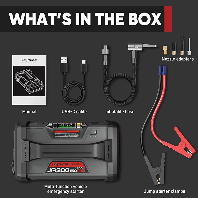 LOKITHOR JA300 Jump Starter with Air Compressor, 1500Amp 12V Portable Car Battery Booster Pack for Upto 7.0L Gas or 4.5L Diesel, 150 PSI Tire Inflator with Digital Screen, 24 Months Ultra-Long Standby