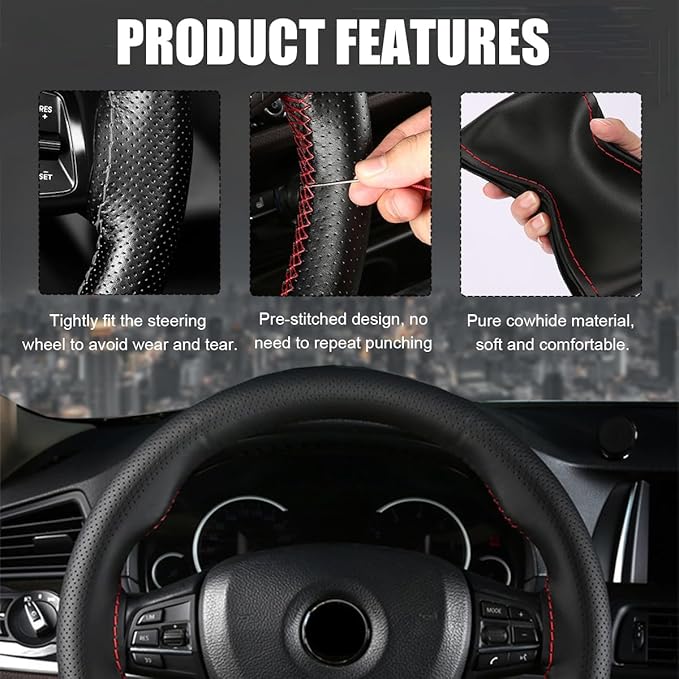 Wevdn Genuine Leather Steering Wheel Cover, Stitch on Wrap, DIY Sewing Steering Wheel Protector, 15 Inch Breathable Non-Slip Steering Wheel Protector, Car Accessories (Black, Full Hole)
