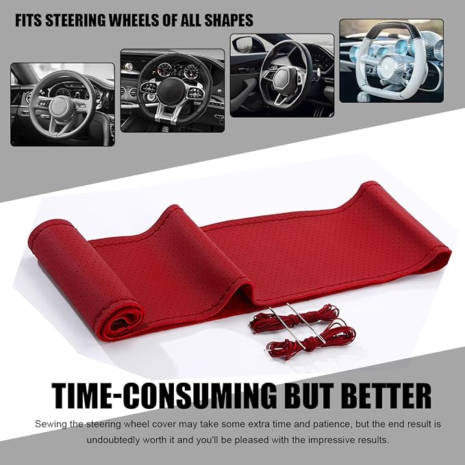 Wevdn Genuine Leather Steering Wheel Cover, Stitch on Wrap, DIY Sewing Steering Wheel Protector, 15 Inch Breathable Non-Slip Steering Wheel Protector, Car Accessories (Red, Full Hole)