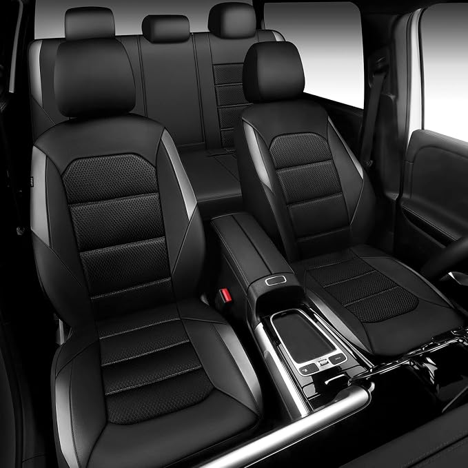 CAR PASS Memory Foam Car Seat Covers Full Set,Breathable Mesh Thick Seat Covers for Car,Gray Metal Film Leather Seat Covers,Universal Automotive Comfort for Most Car,Truck,Airbag Compatible,Black Gray