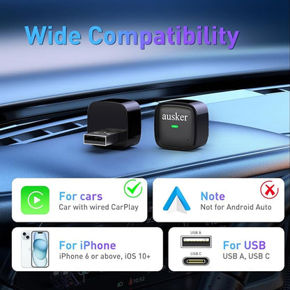 Wireless CarPlay Adapter, Plug and Play Mini Size CarPlay Wireless Adapter with USB A Extension Cable and USB A to USB C Cable, Compatible with iPhone and Cars, Stable Connection and No Latency