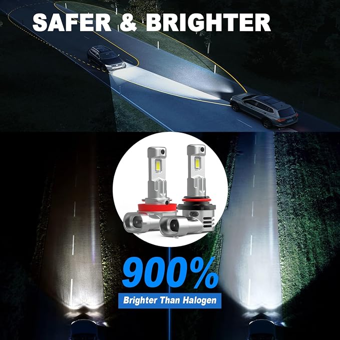 AHOBXD H11 9005 LED Bulbs Combo,Upgraded 900% 90000LM Brightest 1:1 Halogen Size H11 9005 Bulbs with Cooling Fan 80000hours Lifespans Super Bright H11 9005 Fog Light Bulbs(Pack of 4)