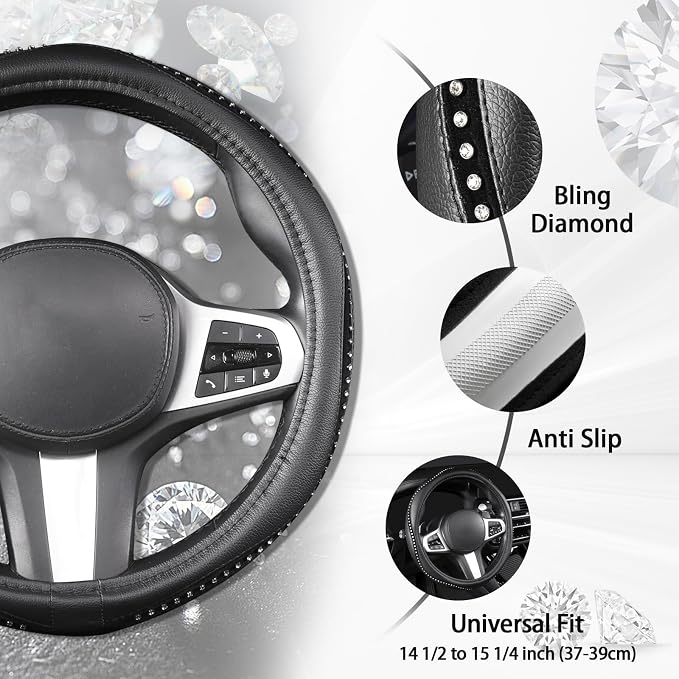 AUTOYOUTH Bling Steering Wheel Cover - Crystal Studded Rhinestone Non-Slip Breathable Design for Women/Girls, Universal Fit 14.5-15 Inch Black