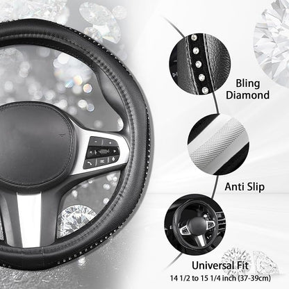 AUTOYOUTH Bling Steering Wheel Cover - Crystal Studded Rhinestone Non-Slip Breathable Design for Women/Girls, Universal Fit 14.5-15 Inch Black
