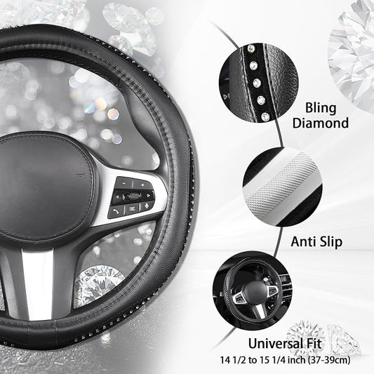 AUTOYOUTH Bling Steering Wheel Cover - Crystal Studded Rhinestone Non-Slip Breathable Design for Women/Girls, Universal Fit 14.5-15 Inch Black