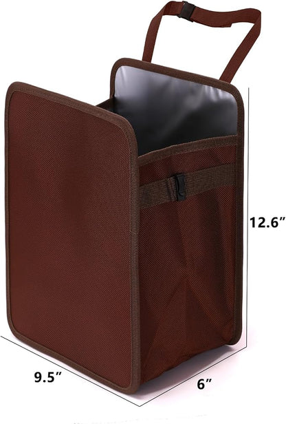 Ginsco 3 Gallons Open-Top Car Trash Can, Large Capacity Hanging Car Trash Bag with Water-Proof PEVA Liner, Stand Car Trash Bag Foldable Car Storage Bag for Cars SUV Truck (Brown)