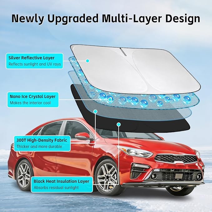 Windshield Sun Shade for Kia Forte 2014-2026 Sunshade 300T Windshield Cover Shield Protector Blocks UV Rays Custom Fit Forte Front Window Shades Windshield Accessories Keep Cool Foldable