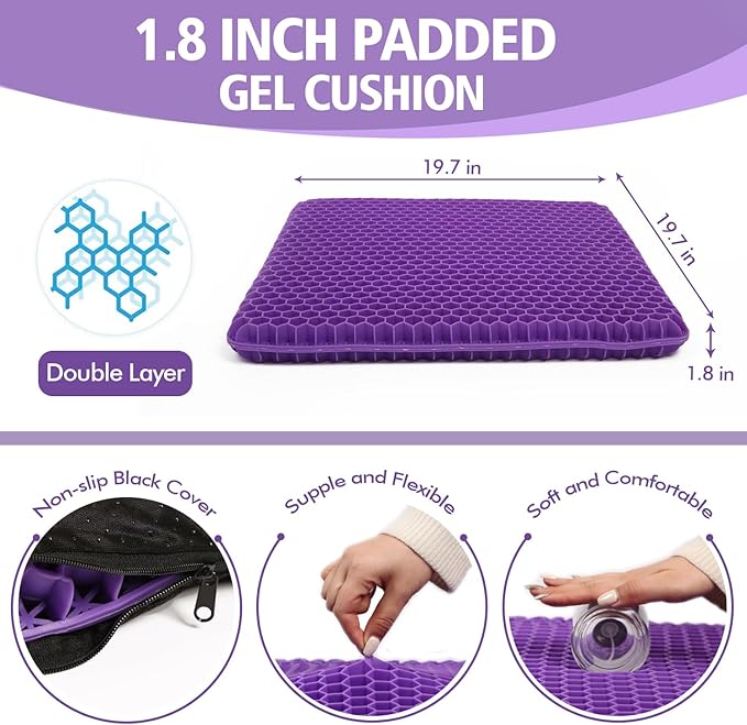 Purple Gel Seat Cushion for Long Sitting, 20" Extra Large Double Thick Cooling Chair Cushions for Office Chair, Wheelchair, Car Seat, Stadium Seat Cushion, Game Chair Pads for Tailbone Pain Relief