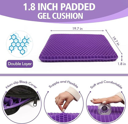 Purple Gel Seat Cushion for Long Sitting, 20" Extra Large Double Thick Cooling Chair Cushions for Office Chair, Wheelchair, Car Seat, Stadium Seat Cushion, Game Chair Pads for Tailbone Pain Relief