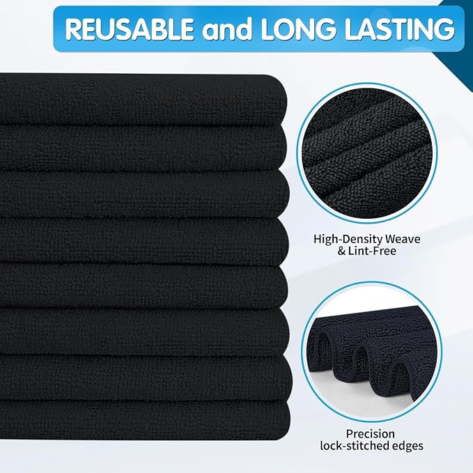 FIXSMITH Black Microfiber Cleaning Cloth -Pack of 12, Highly Absorbent Cleaning Rags, 16"X12" All Purpose Cleaning Towels for Housekeeping, Kitchen, Car, Lint Free and Reusable Microfiber Towels