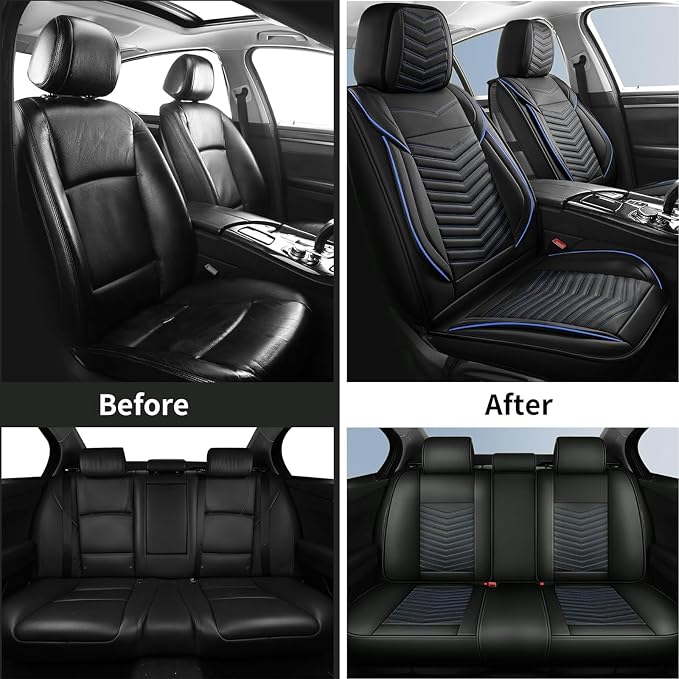 HChengkikz Car Seat Covers, Breathable and Waterproof Faux Leather Automotive Seat Covers, Universal Anti-Slip Driver Seat Cover for Cars SUV Pick-up Truck Sedan (5 PCS Full Set, Black + Blue)
