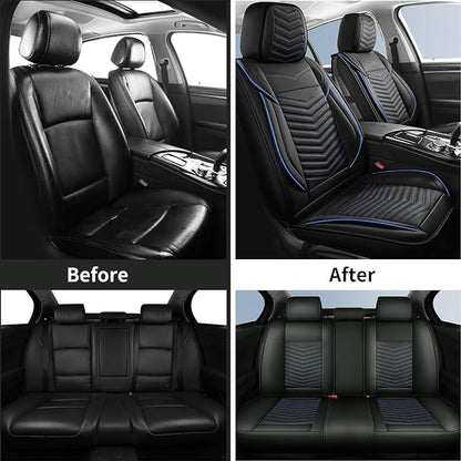HChengkikz Car Seat Covers, Breathable and Waterproof Faux Leather Automotive Seat Covers, Universal Anti-Slip Driver Seat Cover for Cars SUV Pick-up Truck Sedan (5 PCS Full Set, Black + Blue)
