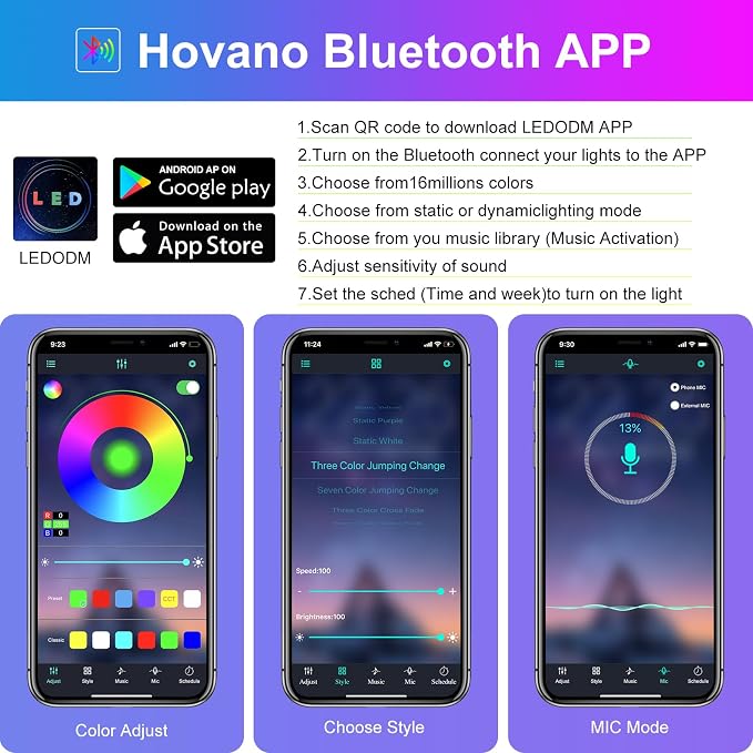 Hovano Car Interior LED Lights, APP Control with USB Port, RGB Color Change with Music Sync & DIY Mode, 48 LEDs Lights for Under Dash Running Board Truck