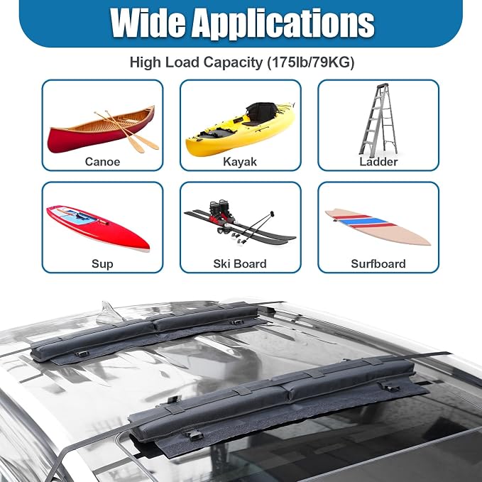 Universal Soft Roof Rack Pads 30“ Luggage Carrier System for Kayak,Surfboard, SUP, Canoe, Snowboard with 2 Tie Down Straps, 2 Tie Down Ropes, 2 Hood Loops and Storage Bag(Black)