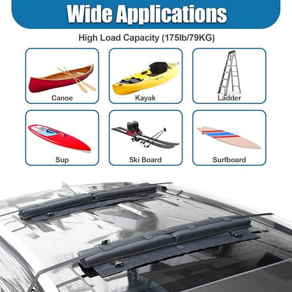 Universal Soft Roof Rack Pads 30“ Luggage Carrier System for Kayak,Surfboard, SUP, Canoe, Snowboard with 2 Tie Down Straps, 2 Tie Down Ropes, 2 Hood Loops and Storage Bag(Black)