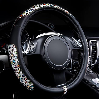 Flying Banner car Steering Wheel Cover Gel Massage Velvet Cool Warm Universal Size 15 inches SUV Truck Anti Slip Odorless Summer Winter (Black Leopard, Gel Massage)