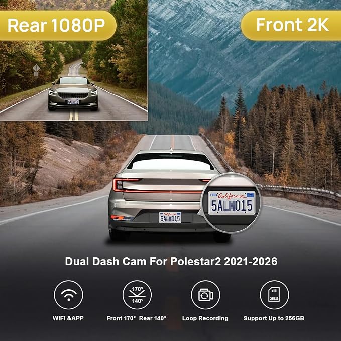 Fitcamx Front 2K+Rear 1080P Dash Cam for 2021-2026 Polestar 2 Plus Peformance Launch Edition, OEM Style, 2 Channel HD Video, Built-in WiFi & APP, Loop Recording, G-Sensor, Easy to Use, 64GB Card