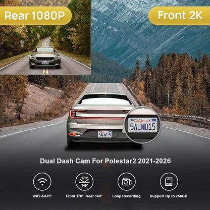 Fitcamx Front 2K+Rear 1080P Dash Cam for 2021-2026 Polestar 2 Plus Peformance Launch Edition, OEM Style, 2 Channel HD Video, Built-in WiFi & APP, Loop Recording, G-Sensor, Easy to Use, 64GB Card